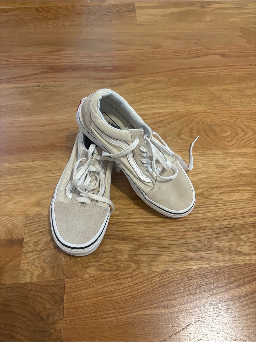 Vans Suede Low-Top Sneakers in Beige and White with Red Heel Logo